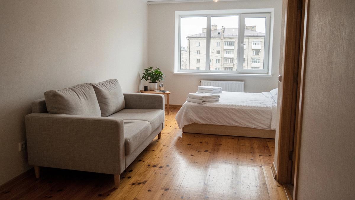 Furnished one-bedroom apartment in Kyiv staged for short-term rental photography